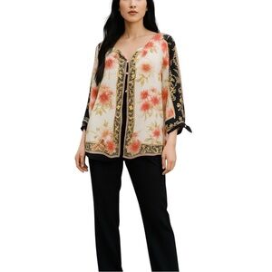 Fig & Flower Top Womens‎ Size 2X White Black Boho Peasant Tie Sleeve Floral New